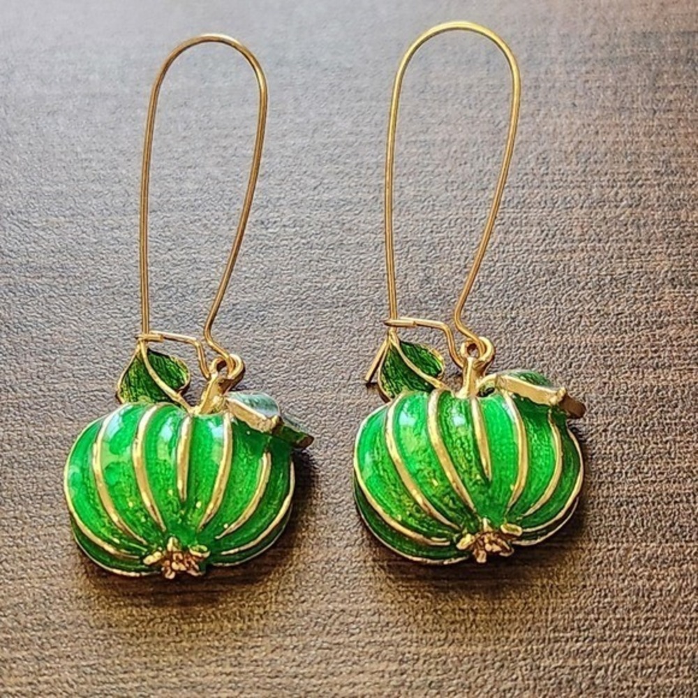 Green Enamel Pumpkin Locket Drop Earrings Gold Tone Fruit Novelty‎ Kidney Wire